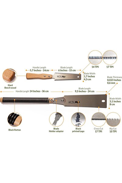 Generic Ryoba Japanese Pull Saw 9.5" & 6" Flush Cut Saw Set (2 pcs) - Steel Blades, Beech Handles