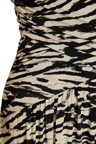 Exquise Long Sleeve Double-Breasted Collar Zebra Pattern Knitted Regular Dress