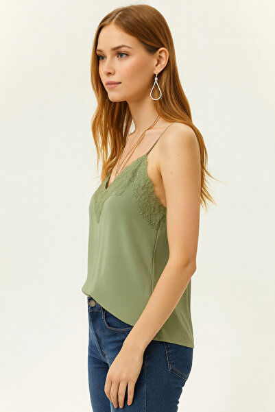 peralist Women's Khaki Lace Detailed Sandy Blouse with Adjustable Ring Straps