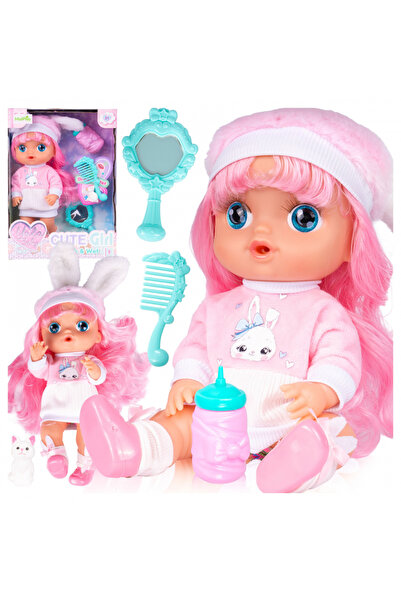 MalPlay Papusica pentru copii inaltime 30 cm, cu parul roz, brate si picioare mobile, include biberon si fig