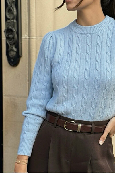 oshebu Bebe Mavi- Women's Crew Neck Knit Detailed Sweater