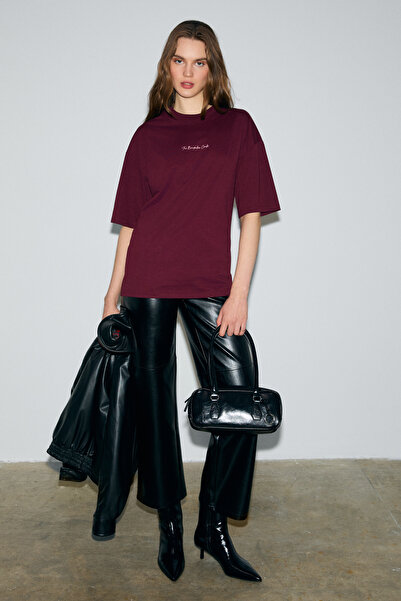 GRIMELANGE Kivato women's 100% cotton soft fabric print detailed burgundy t-shirt