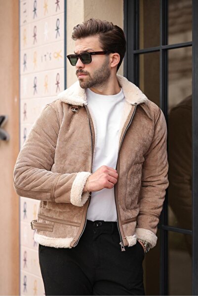 BASEL.CO Leather Detailed Velvet Coat with Fur Inside