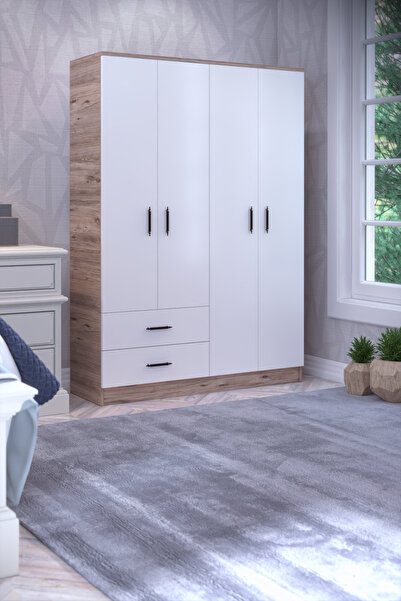 Gubimo Abete-4 Kapılı 2 Çekmeceli 2 Askılıklı Gardırop (ELBİSE DOLABI -YÜKLÜK) / Atlantik Çam-beyaz
