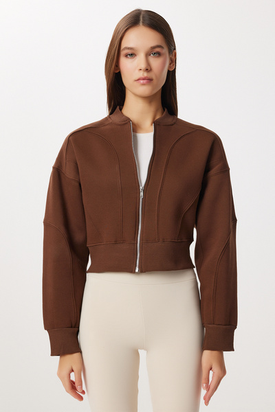 Lovelyİstanbul Πλεκτό φούτερ με φερμουάρ επένδυση fleece LAN0085 ΚΑΦΕ