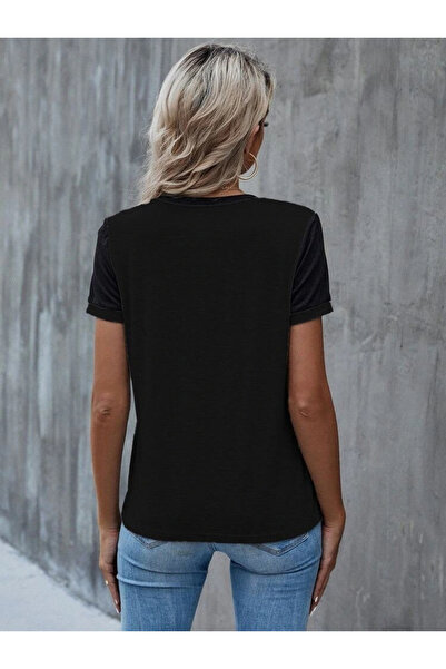 GENCULUS Women's Short Sleeve Round Neck Front Lace Detail Viscose Blouse