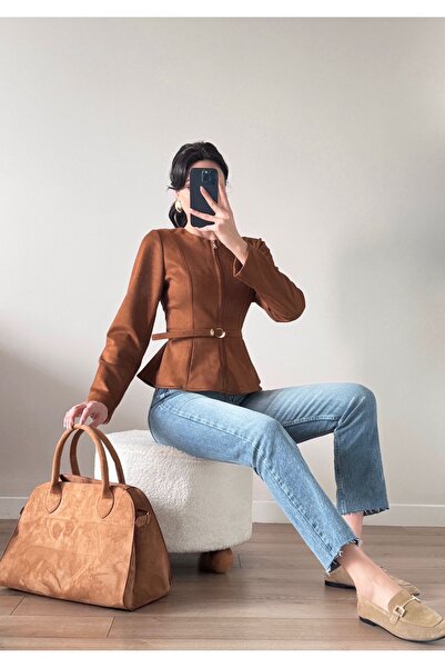 LOCH BUTİK Women's Light Brown Long Sleeve Belted Suede Jacket
