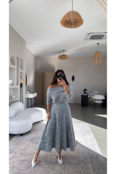 Buket Teke Gray Self-Patterned Knit Fabric Skirt Madonna Blouse Set