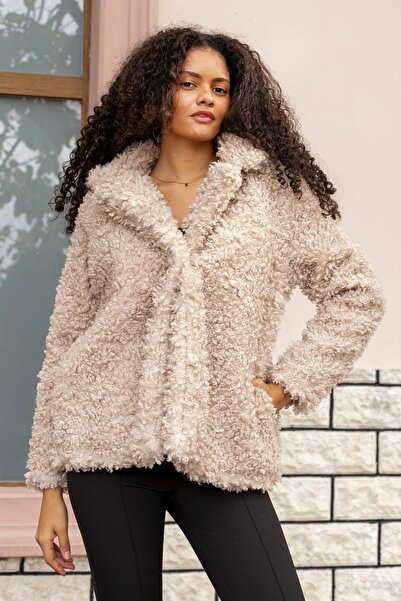 Jument Women's Collared Long Sleeve Lined Short Coat-Stone