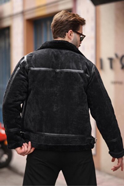 BASEL.CO Leather Detailed Velvet Coat with Fur Inside