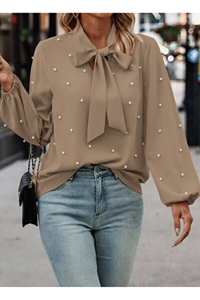 JANES Γυναικεία μακρυμάνικη μπλούζα από κρεπ με φιόγκο στο λαιμό και πέρλες