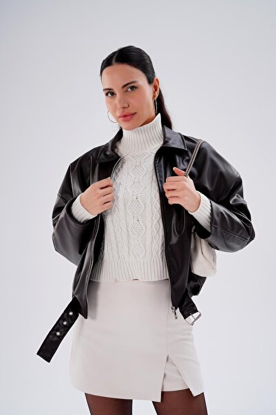ŞİMAL Women's Belt Detailed Leather Jacket 255441 -