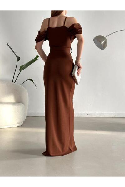 Modafeminen Off-Shoulder Slit Belted Dress 582134 Coffee