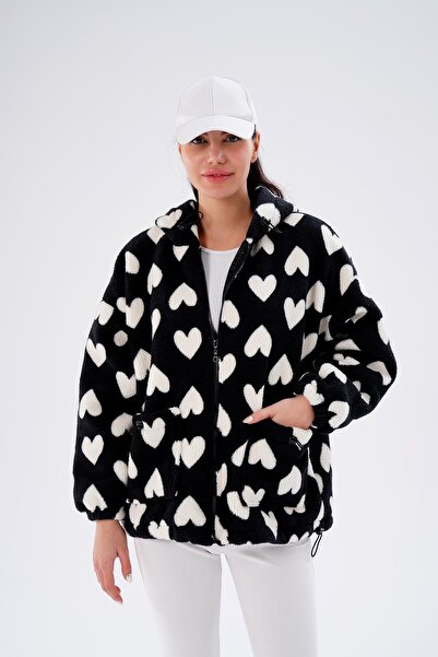ŞİMAL Women's Heart Patterned Plush Coat 255401 -