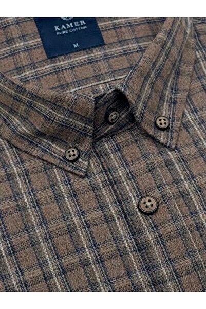KAMER Regular Fit Winter 100% Cotton Long Sleeve Button-Up Collar Plaid Brown Shirt 3866K