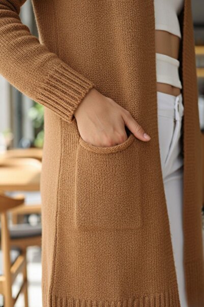 Mossta Women's Long Pocket Knit Cardigan – Soft Texture, Basic Comfortable Fit – Tan