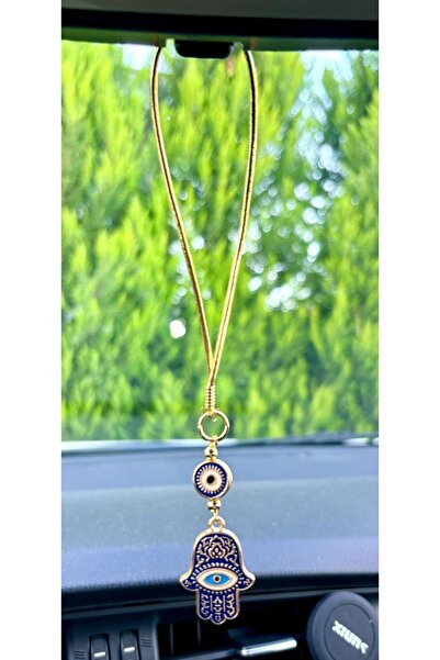 Azrua Gilded Navy Blue Hand of Fatima Metal Car Mirror Ornament Car Charm Bag Accessory