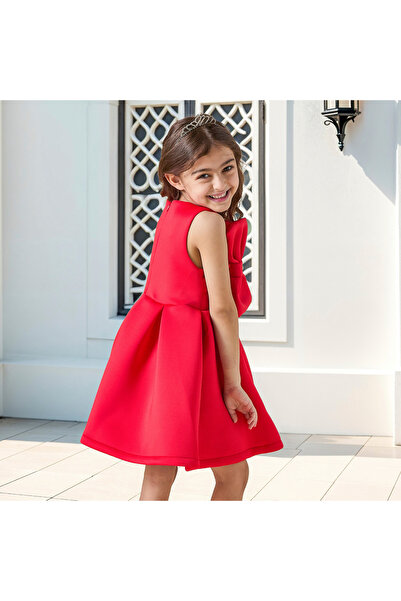 Juniors Giggles Solid Sleeveless Dress with Round Neck and Bow Detail