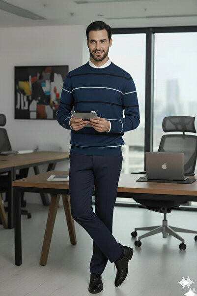 Millionaire Men's Stripe Detailed Indigo Crew Neck Standard Regular Fit Blended Knit Sweater