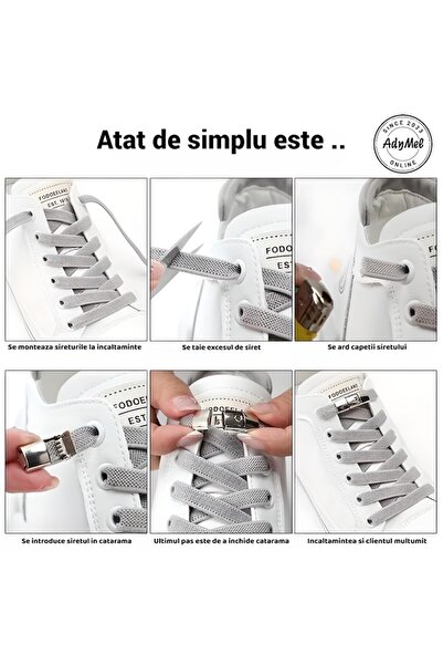 AdyMel Gray Shoelaces with Buckles AdyMel®, Set of 3 Pairs, No-Touch Fastening, Elastic