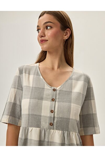 Henderson Women's Sleep Dress Gown Homewear Short Sleeve Mini Plaid with Buttons | Farris