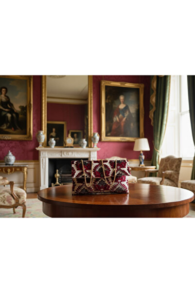 B'Dekor Jakarlı Kadife Portföy Çanta - Lüks Vintage Klaç Çanta Modeli