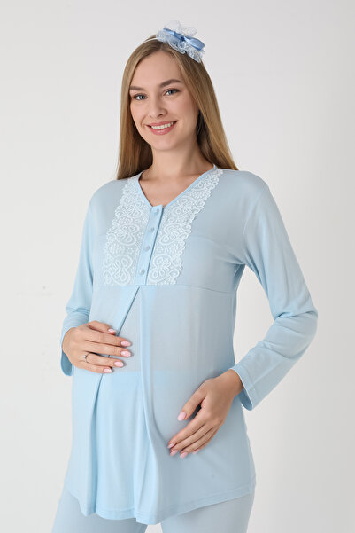 ERDENİZ TEKSTİL Pregnant Women's 3-Piece Pajama & Robe Set – Jacquard Fabric with Bow Pattern, Breastfeeding, Viscose-Cotton