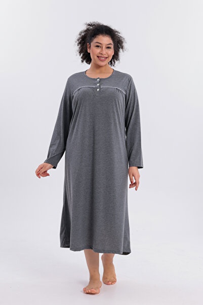 Mio Vero Women's Piped Long Sleeve Cotton Plus Size (Oversized) Nightgown