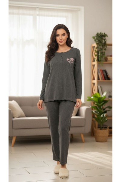 gigigiyim Mini Floral Patterned Women's Pajama Set Anthracite