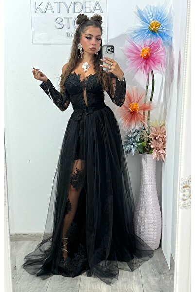 KATYDEA STORE Vivian black tulle and lace long evening dress