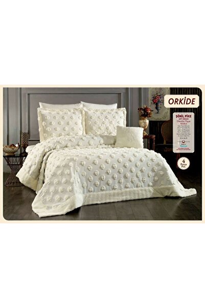 baladı home ev tekstil home collection Double Pompom Bedspread with Lace (Set of 4 Pieces) Bedspread and 2 Pillowcases Pique