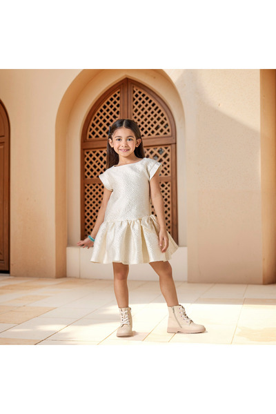 Juniors Textured Dress with Bow Accent and Cap Sleeves