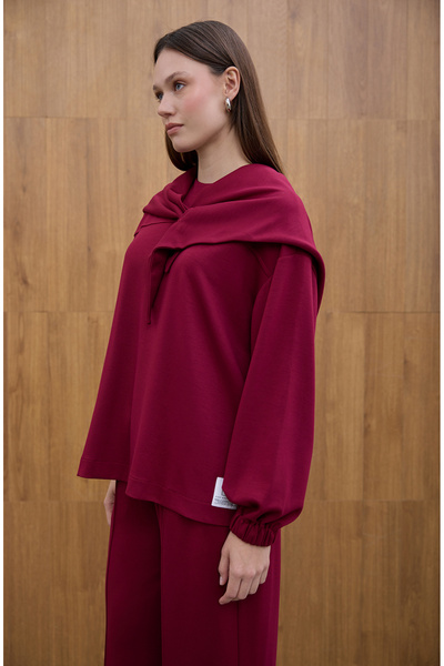 Birgül Bektaş Burgundy Shawl Detailed Sweatshirt