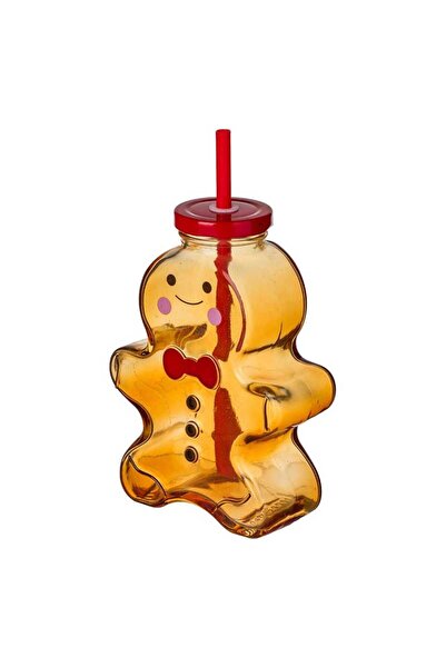 Housevetta Christmas glass cup with straw and lid, Gingerbread Man, 420 ml