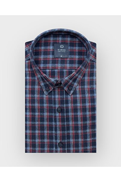 KAMER Regular Fit Winter 100% Cotton Long Sleeve Button-Up Collar Plaid Navy Blue Shirt 3866L