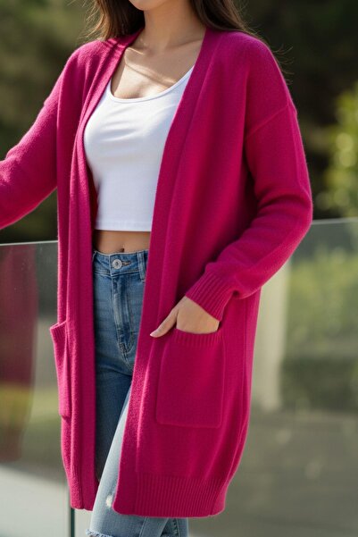 Mossta Women's Long Pocket Knit Cardigan – Energetic Color, Soft Knit – Fuchsia