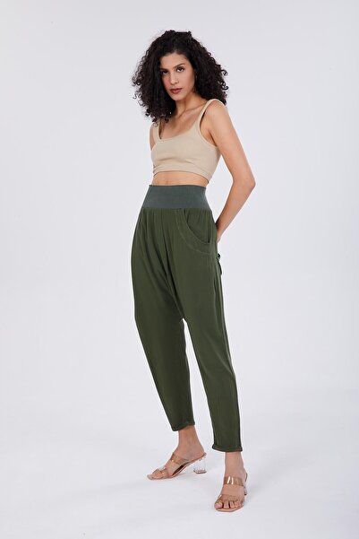 della moor Women's Khaki Elastic Waist Belmando Shalwar Trousers