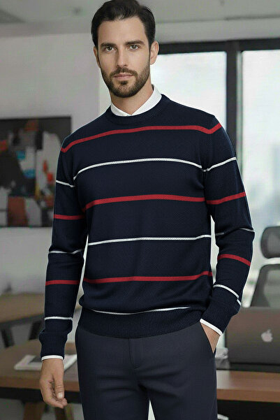 Millionaire Men's Stripe Detailed Navy Blue Red Crew Neck Standard Regular Cut Regular Fit Knitwear Sweater