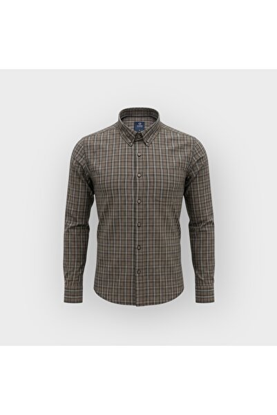 KAMER Regular Fit Winter 100% Cotton Long Sleeve Button-Up Collar Plaid Brown Shirt 3866K