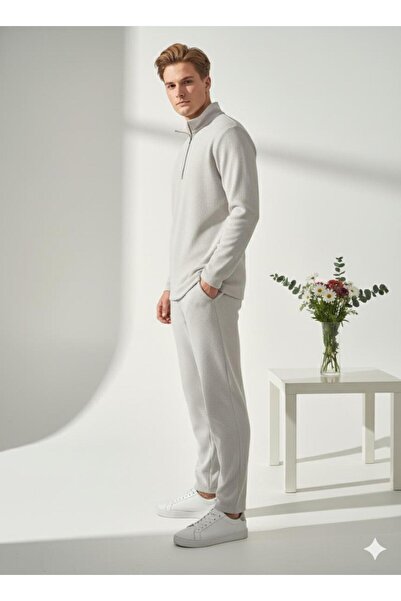 ribana Unisex Corded Fabric Shirt Collar Zippered Pocket Elastic Waist Knitwear Bottom Top Set