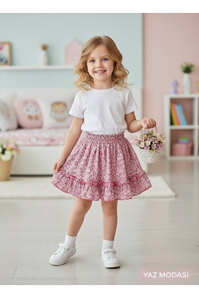 Şenkız Καλοκαιρινή casual φούστα για κορίτσια με ελαστική μέση και σχέδιο λουλουδιών