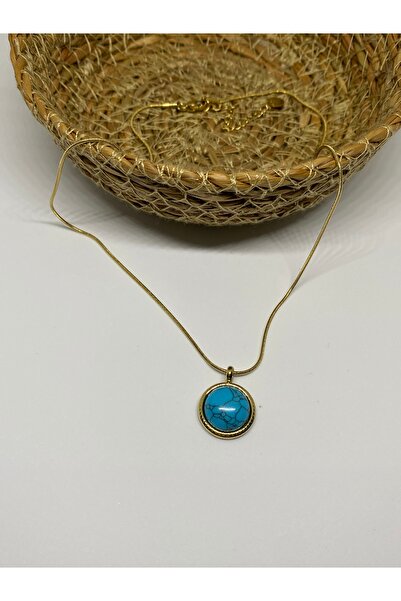 BusradanDesign قلادة فولاذية بتفاصيل حجر الفيروز الأزرق 45 سم