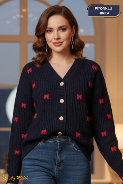 AYMELEK Women's Knitwear Cardigan Buttoned V-Neck Short Bow Detailed Textured Cardigan