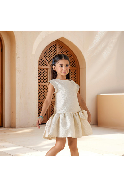 Juniors Textured Dress with Bow Accent and Cap Sleeves
