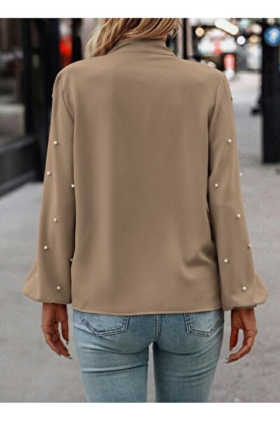 JANES Γυναικεία μακρυμάνικη μπλούζα από κρεπ με φιόγκο στο λαιμό και πέρλες