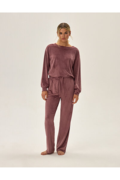 ESOTIQ Women's Velvet Two-Piece Set Homewear Loungewear Long Sleeve Top & Straight Leg Pants Comfy | Jazzy