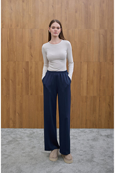 Birgül Bektaş Navy Blue Elastic Waist Wide Leg Trousers