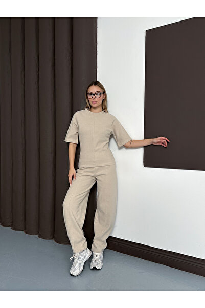 MODAMERSİ Women's Beige Waist-Tied Short Sleeve Blouse Pants Two-Piece Set