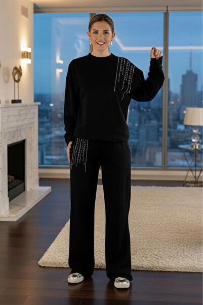 Nevin Kaya Moda Black Cross Sparkle Cotton Tracksuit Set