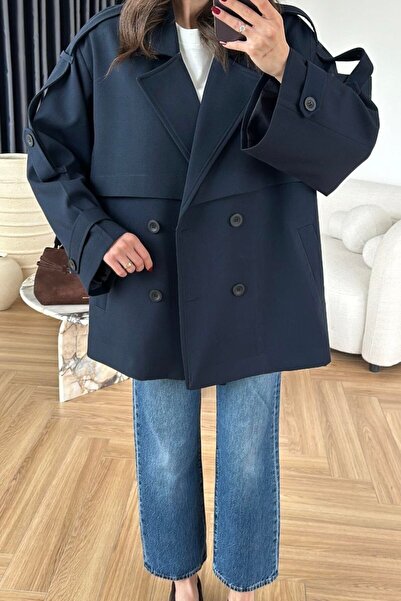 Suziş Sheepskin Dark Blue Belted Oversized Standard Size Short Trench Coat 9580